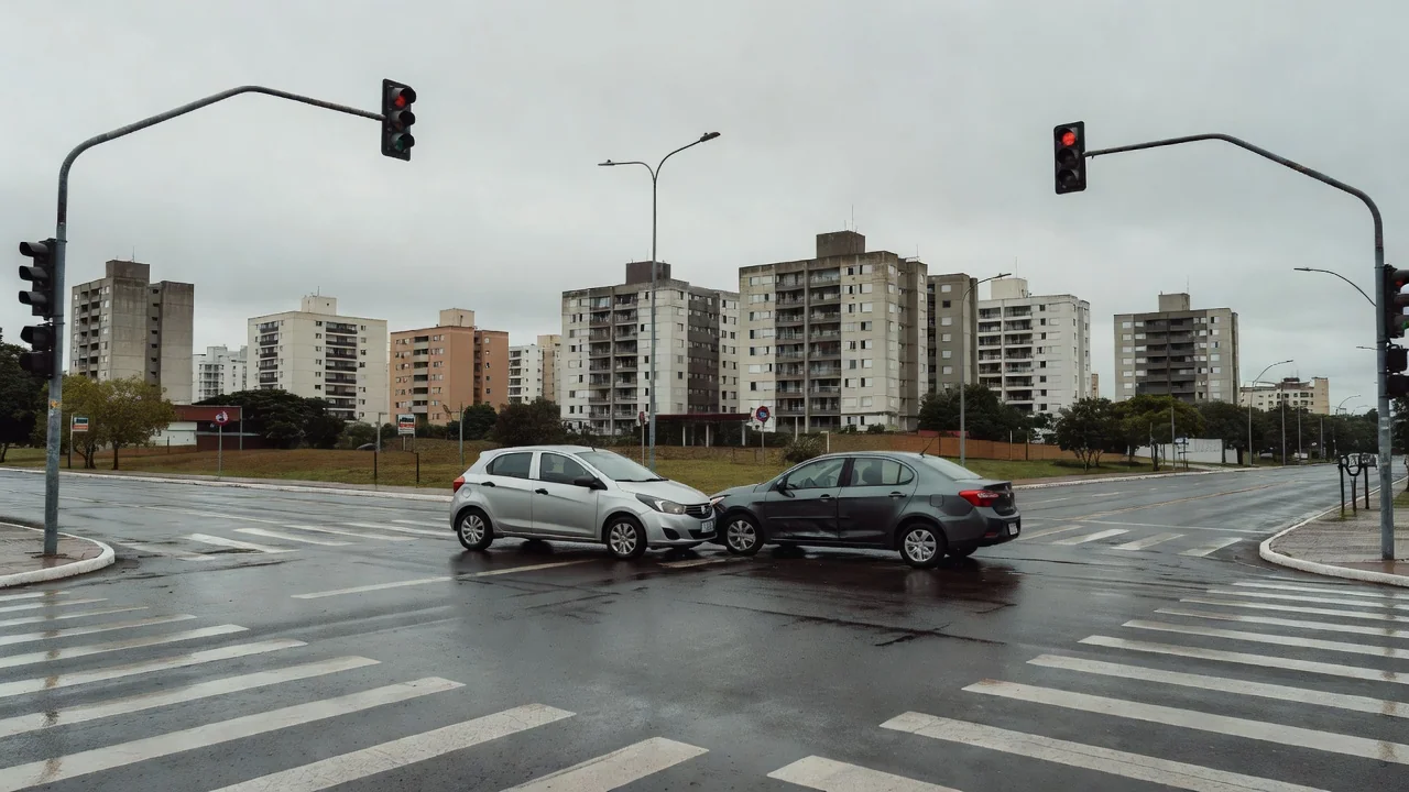 Semáforos apagados na W3 Sul com carros acidentados na 704 Sul