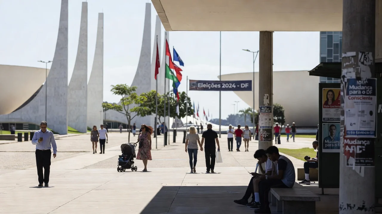 Cena cotidiana em praça de Brasília sobre intenções de voto no DF 2026