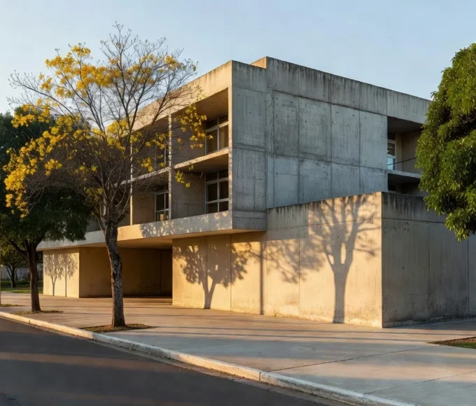 Fachada de escola particular em Brasília, luz natural, sem pessoas.
