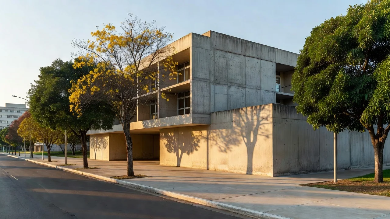 Fachada de escola particular em Brasília, luz natural, sem pessoas.