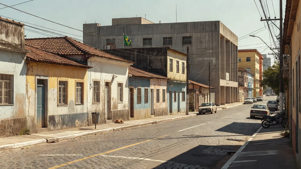 Rua em cidade brasileira com edifício público ao fundo em contexto de eleições