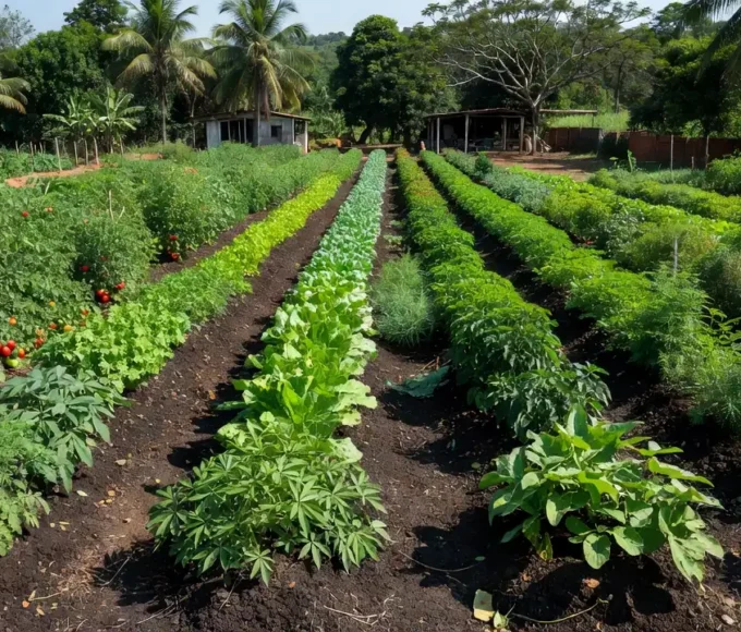 Plantação de agricultura familiar em São Sebastião com cultivos sob luz natural