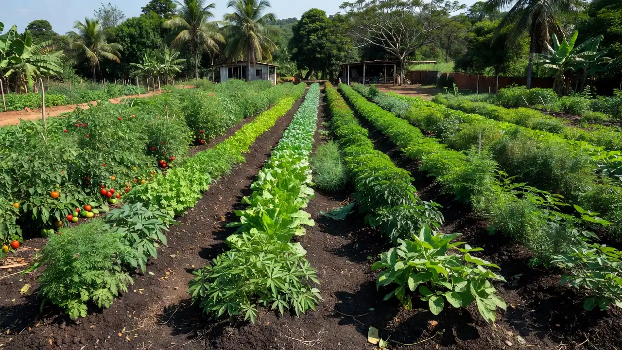 Plantação de agricultura familiar em São Sebastião com cultivos sob luz natural