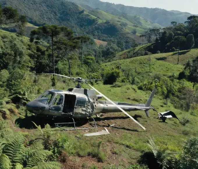 Destroços de helicóptero após queda em Santa Catarina