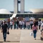 Ato em Brasília defendendo a educação como prioridade, com arquitetura local ao fundo.