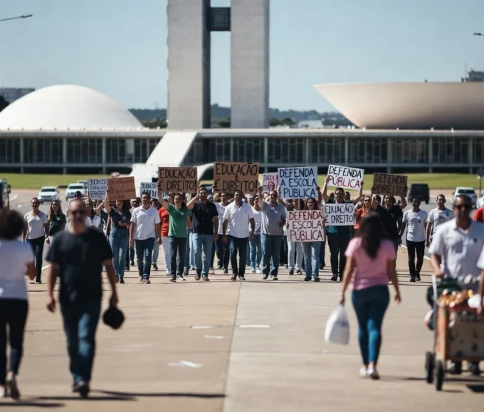 Ato em Brasília defendendo a educação como prioridade, com arquitetura local ao fundo.