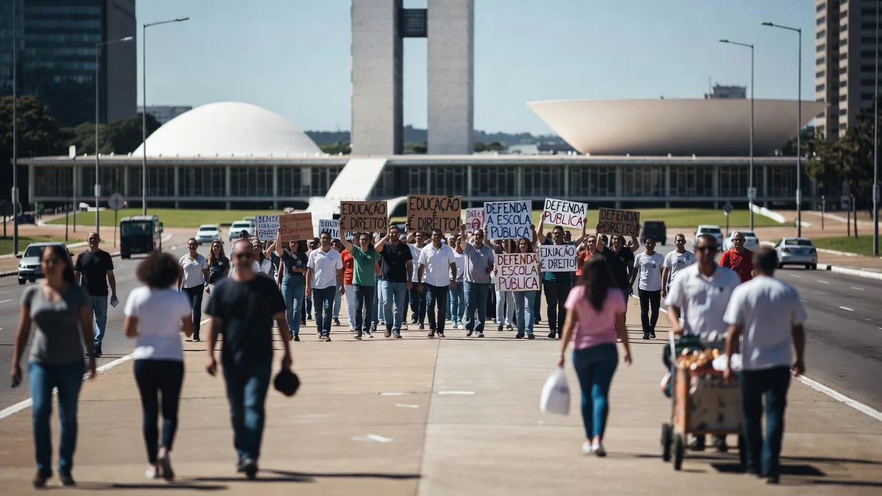Ato em Brasília defendendo a educação como prioridade, com arquitetura local ao fundo.