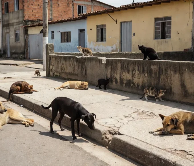Cães e gatos de rua em calçada urbana brasileira, tema de proteção animal