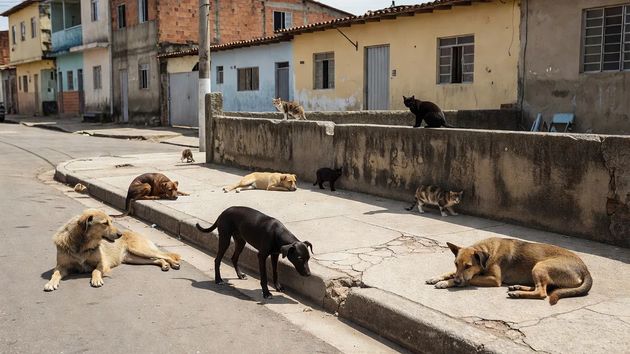 Cães e gatos de rua em calçada urbana brasileira, tema de proteção animal