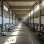 Corredor vazio de hospital público no DF com cadeiras de espera