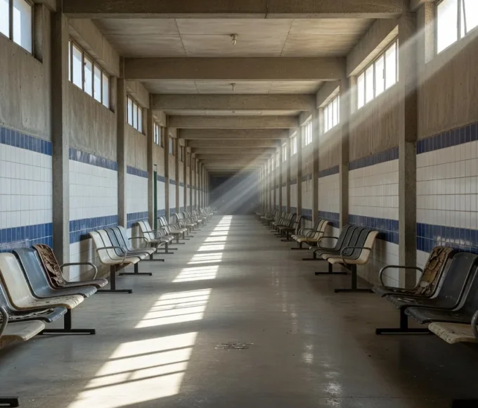 Corredor vazio de hospital público no DF com cadeiras de espera