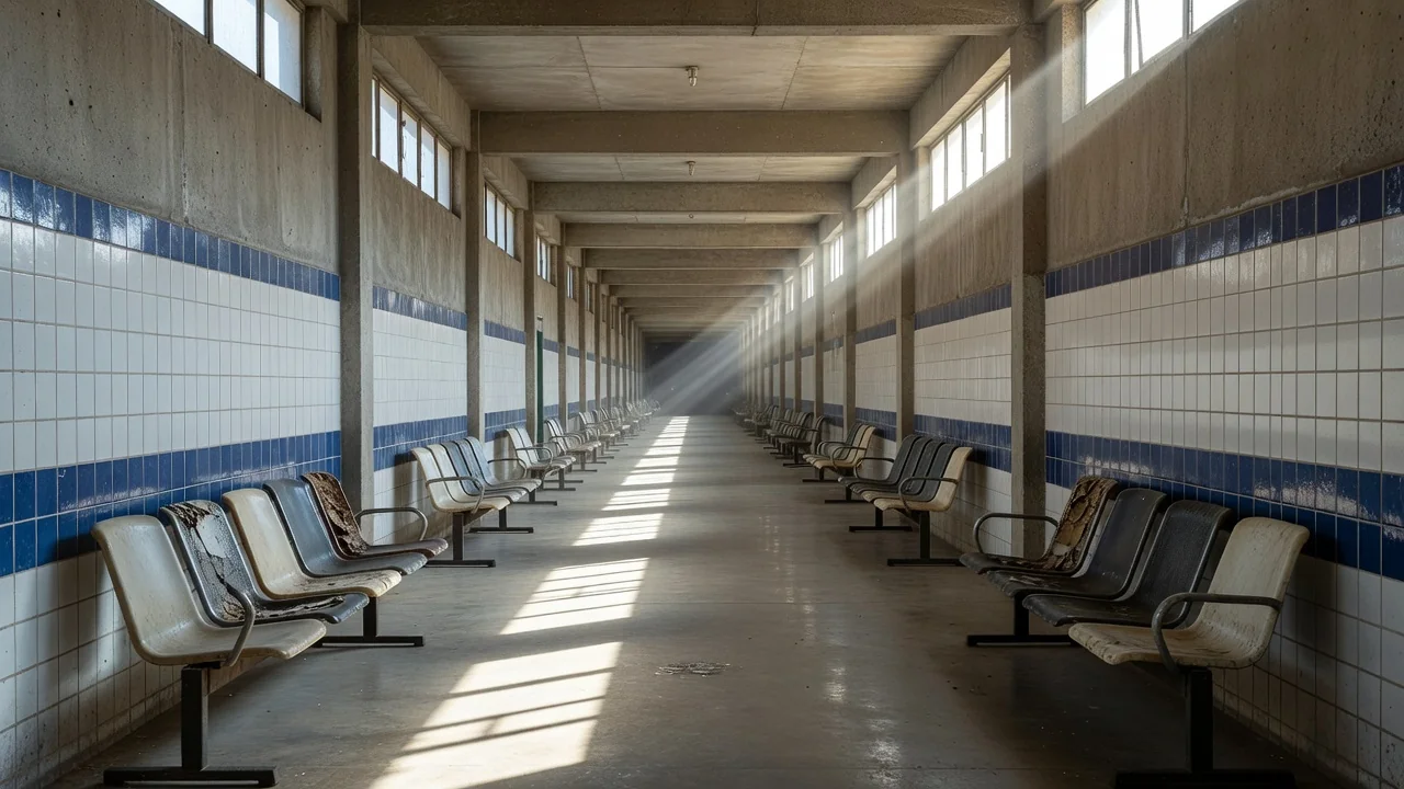 Corredor vazio de hospital público no DF com cadeiras de espera
