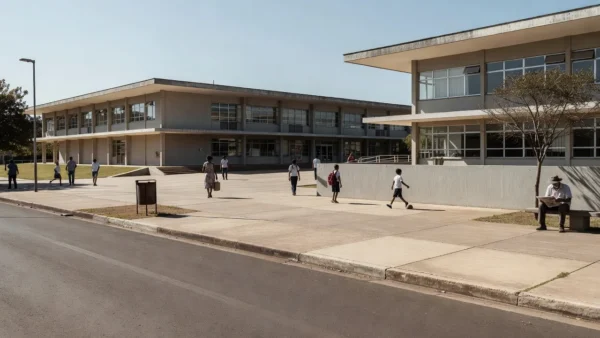 Escola em Brasília com arquitetura modernista simbolizando educação integral e preservação