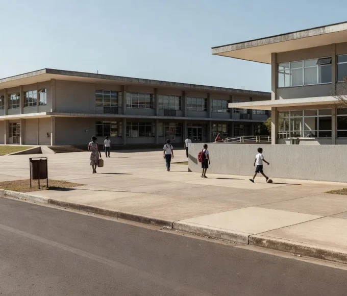 Escola em Brasília com arquitetura modernista simbolizando educação integral e preservação