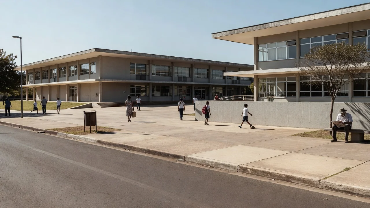 Escola em Brasília com arquitetura modernista simbolizando educação integral e preservação
