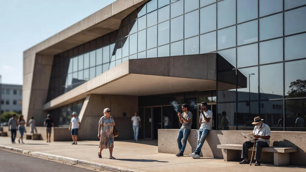 Fachada de prédio público brasileiro em luz natural, relacionado a multa do TRE por vídeos
