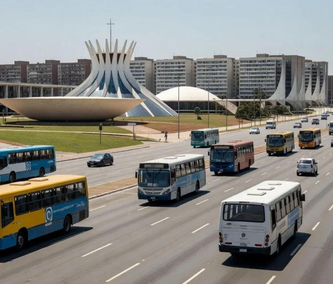 Ônibus urbanos em avenida de Brasília durante oferta de reajuste a rodoviários do DF