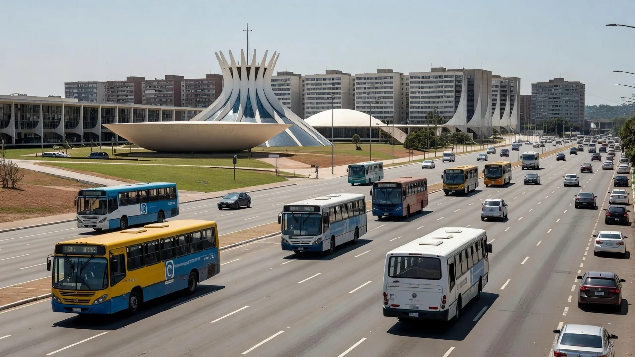 Ônibus urbanos em avenida de Brasília durante oferta de reajuste a rodoviários do DF
