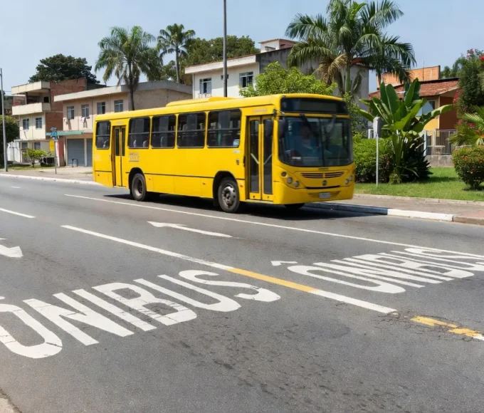 Faixa exclusiva de ônibus em São Sebastião com veículo na via dedicada