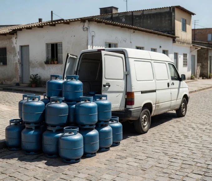 Botijões de gás de cozinha gratuitos distribuídos para famílias em rua brasileira