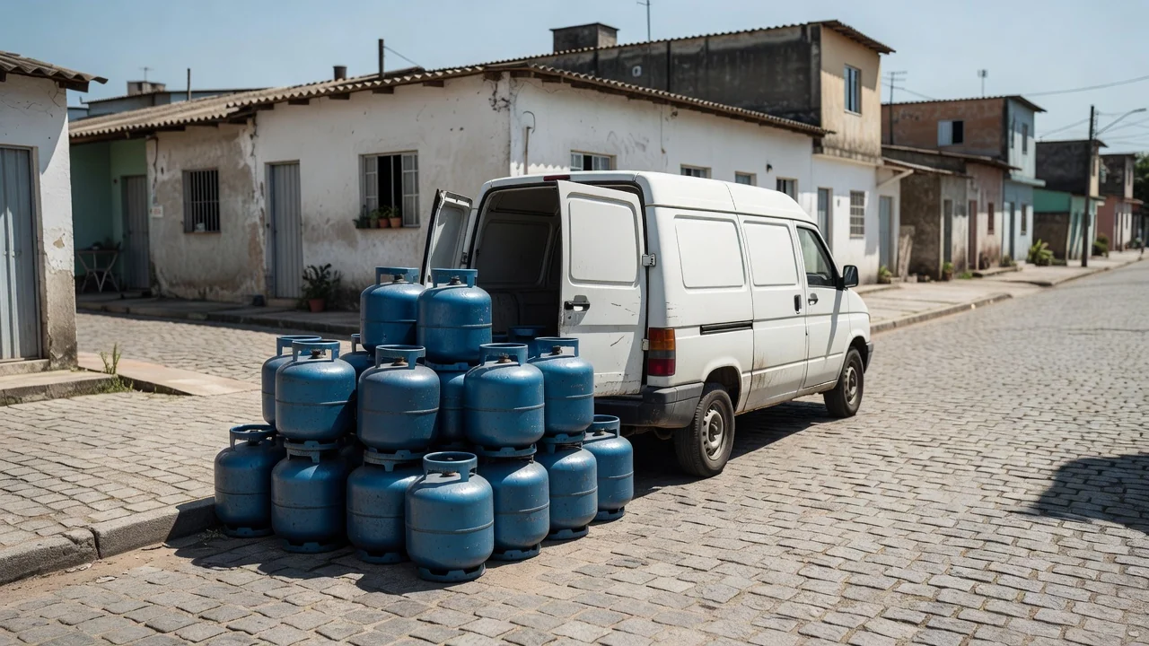 Botijões de gás de cozinha gratuitos distribuídos para famílias em rua brasileira