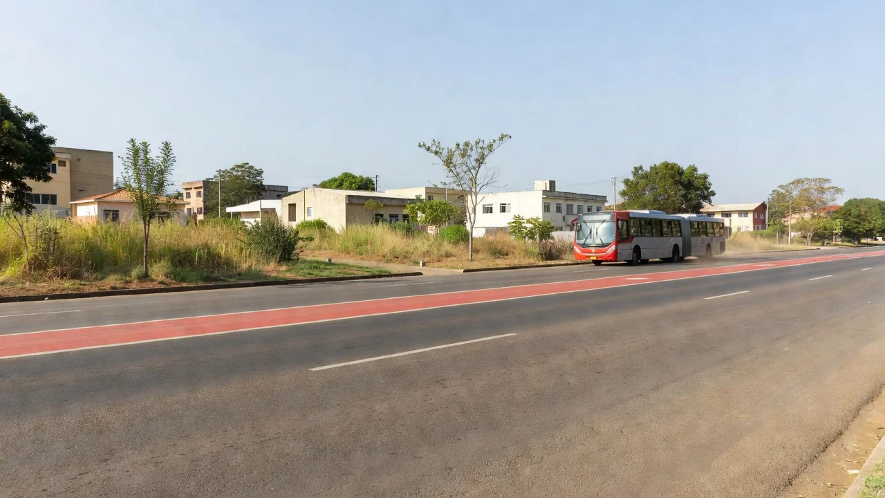 Via em Brazlândia com faixas de BRT e ônibus em operação