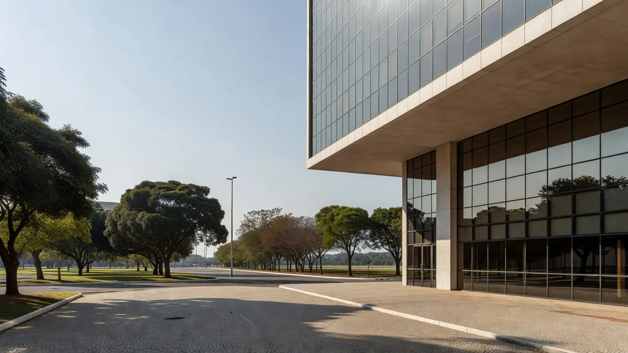 Fachada do Banco de Brasília (BRB) sob luz natural, simbolizando banco público