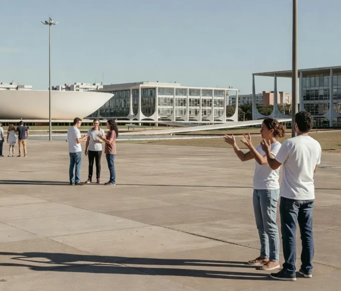 Intérpretes de Libras em praça pública em Brasília