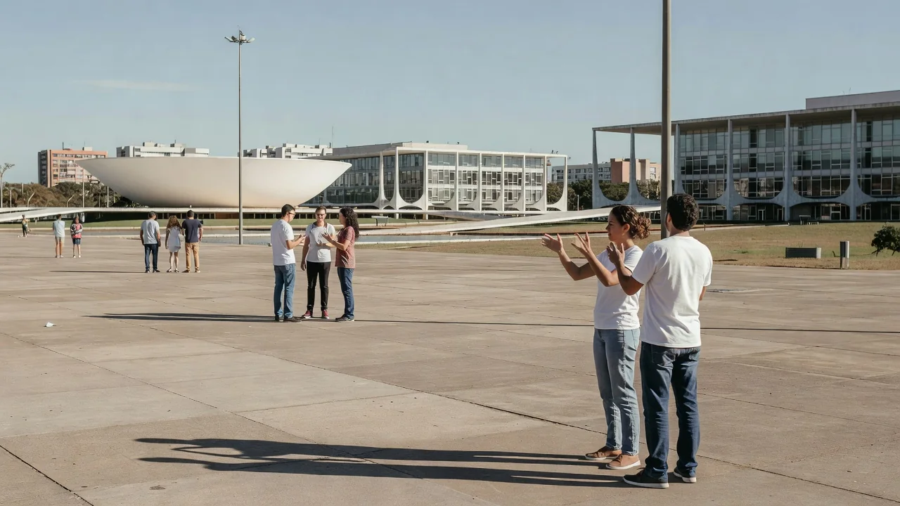 Intérpretes de Libras em praça pública em Brasília