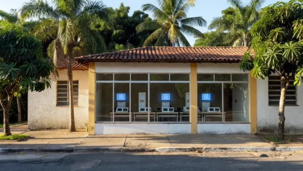 Seção eleitoral em São Sebastião com urnas eletrônicas sob luz natural