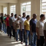 Eleitores em fila em seção eleitoral brasileira durante votação