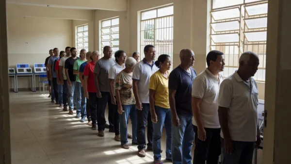 Eleitores em fila em seção eleitoral brasileira durante votação