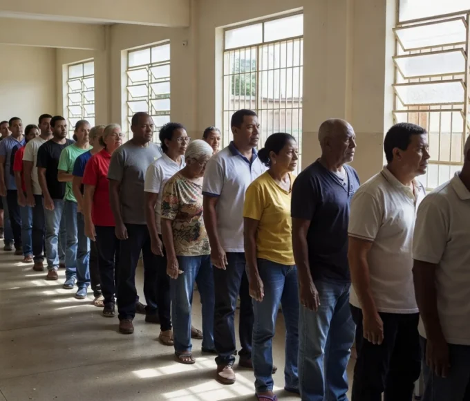 Eleitores em fila em seção eleitoral brasileira durante votação