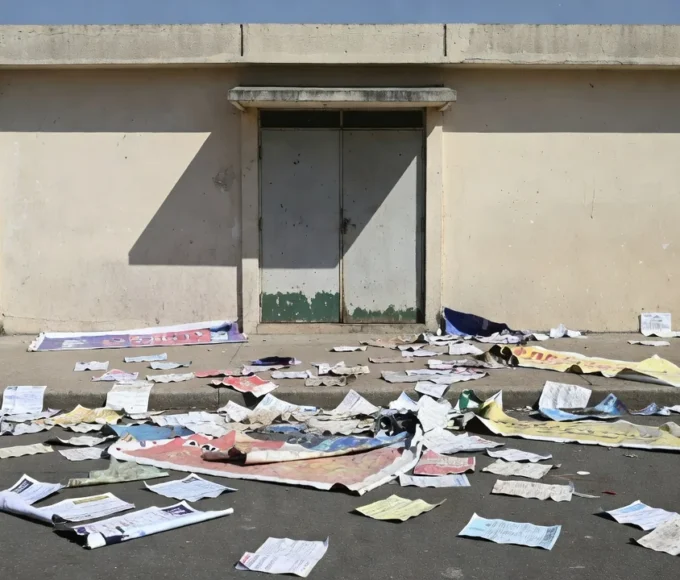 Fachada de escola em Brazlândia com propaganda eleitoral no chão