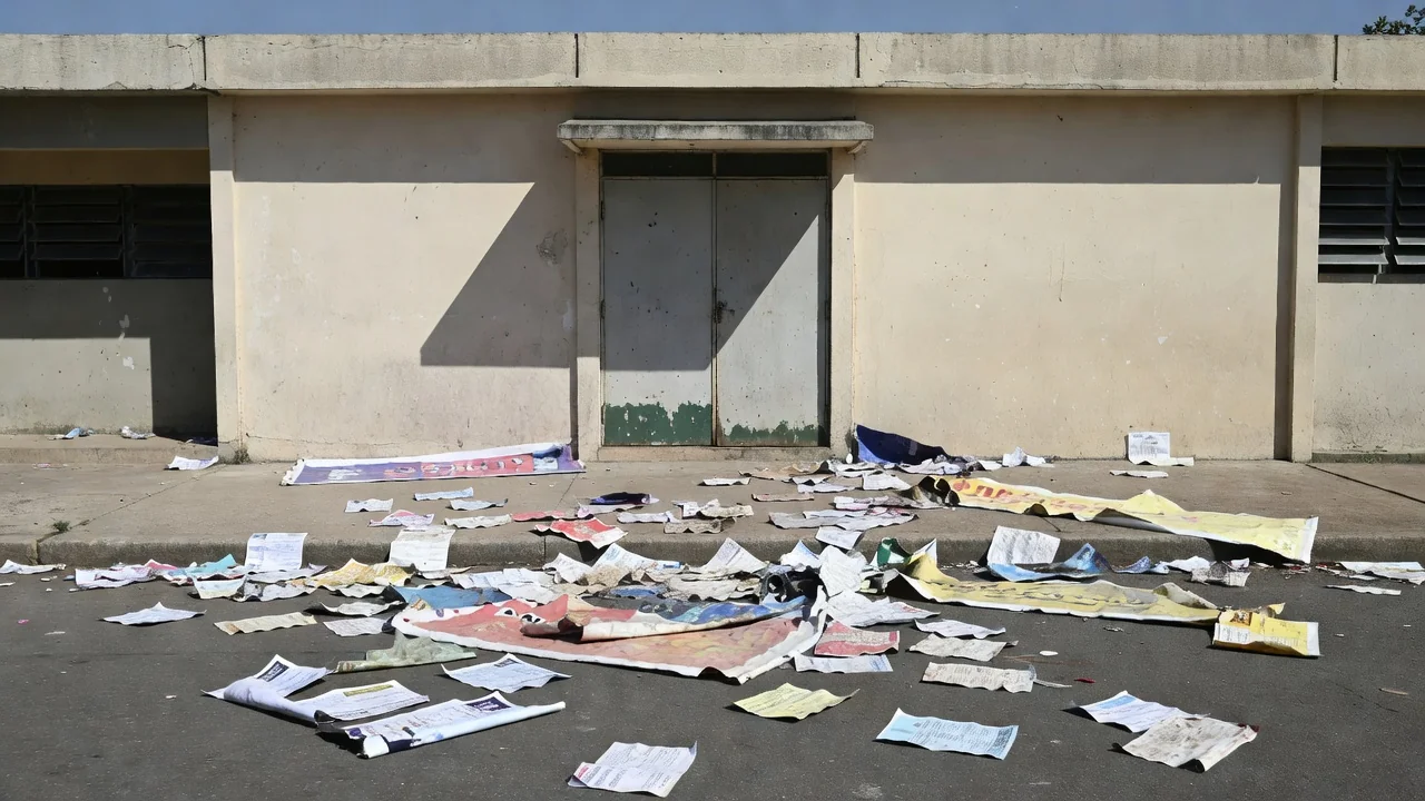 Fachada de escola em Brazlândia com propaganda eleitoral no chão